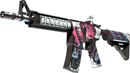 M4A4 Neo-Noir skin showing a stylised woman in purple comic art